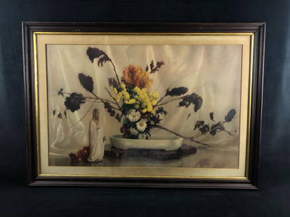 Antique Japanese Lithograph Still Life Flowers Portrait: Antique Japanese Lithograph Still Life flowers Portrait.This piece is in fair condition with some browning on paper as pictured.Measures 27" x 39"