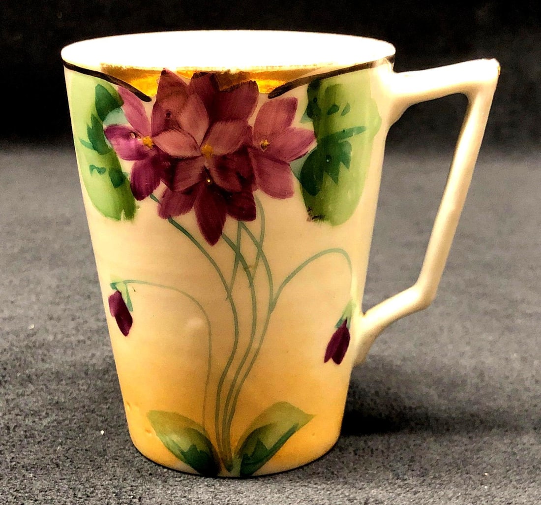Antique Te-Oh Nippon China "Violets" Lemonade Cup: Antique Te-Oh Nippon China - Hand Painted "Violets" Lemonade Cup. Nippon pottery was made in Japan between 1891 and 1921. The Antique Cup is approximately 4" x 3-3/4" x 2-3/4" and 