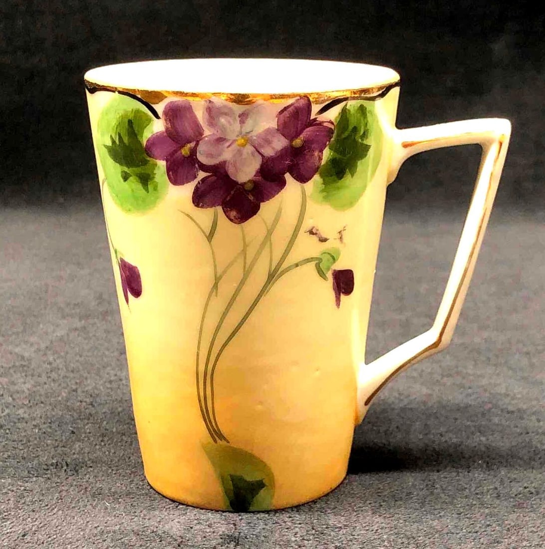 Antique Te-Oh Nippon China "Violets" Lemonade Cup: Antique Te-Oh Nippon China - Hand Painted "Violets" Lemonade Cup. Made in Japan. Nippon pottery was made in Japan between 1891 and 1921. The Antique Cup is approximately 4" x 3-3/4" x 