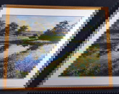 Framed Large Douglas Edwards Lithograph Pond B: Framed lithograph by Douglas Edwards of a pond. Framed art is approx 39" x 31". The print is approx 31" x 23". Framed with a textured gold frame and double-matted. Is in good. used con
