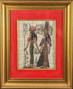 Framed Egyptian Hathor Isis Hand Painted Papyrus Art: Framed Egyptian Hieroglyphic Hand Painted Papyrus Art. Art shows gods Isis and Hathor together, holding hands. Is signed by the artist on Isis's foot. The original is approx 18 1/2" x 2" x