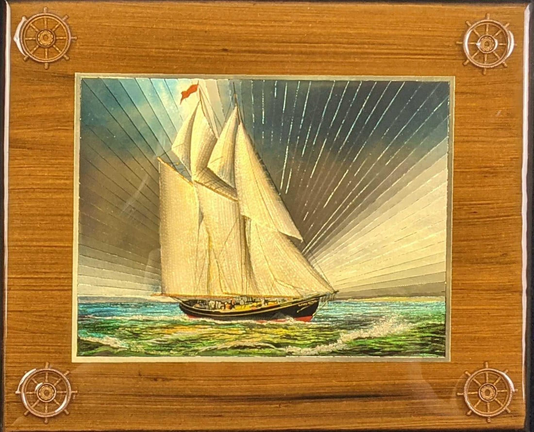 Vintage Bar-Gan Holographic Dufex Foil Ship Art: Vintage Bar-Gan Holographic Dufex Foil Ship Art. Print was placed in a wood frame and then coated with a resin, this makes the already animated and colorful ship art appear even more colorful and anim