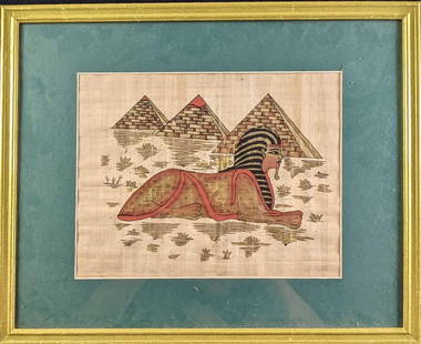Framed Egyptian Sphinx Pyramids Hand Painted Papyrus Art: Framed Egyptian Hieroglyphic Hand Painted Papyrus Art. Art shows an interpretation of the famous 'Great Sphinx of Giza' along with three pyramids. Is not signed by the artist. The original is approx 2