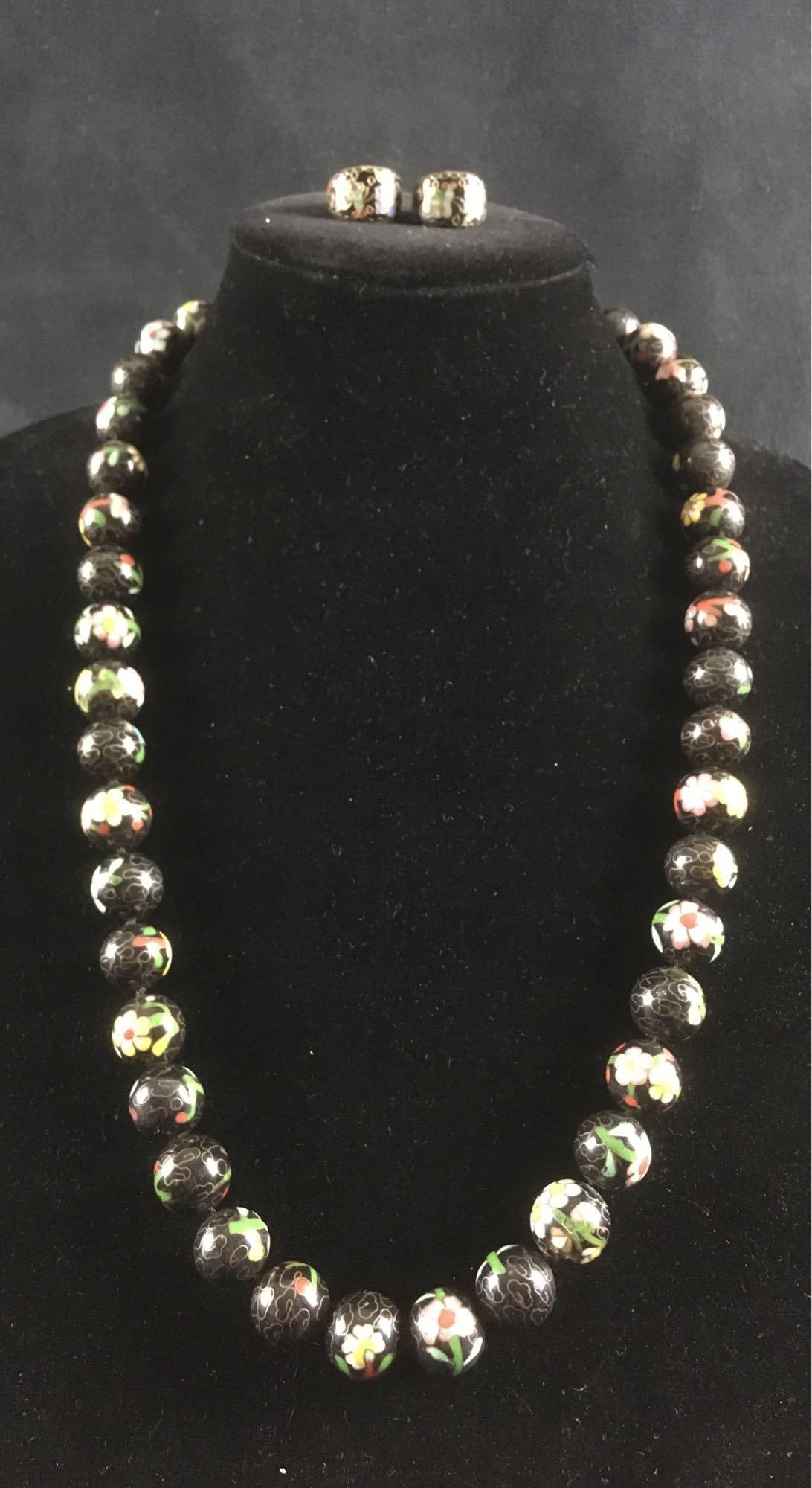 Vintage Black Cloisonne Beaded Necklace and Earring Set (1 of 8)