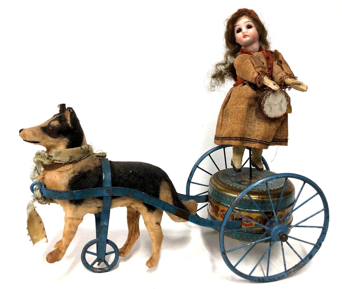 Antique Dog Cart Pulling Spinning Tambourine Girl on Tin Music Box (1 of 7)