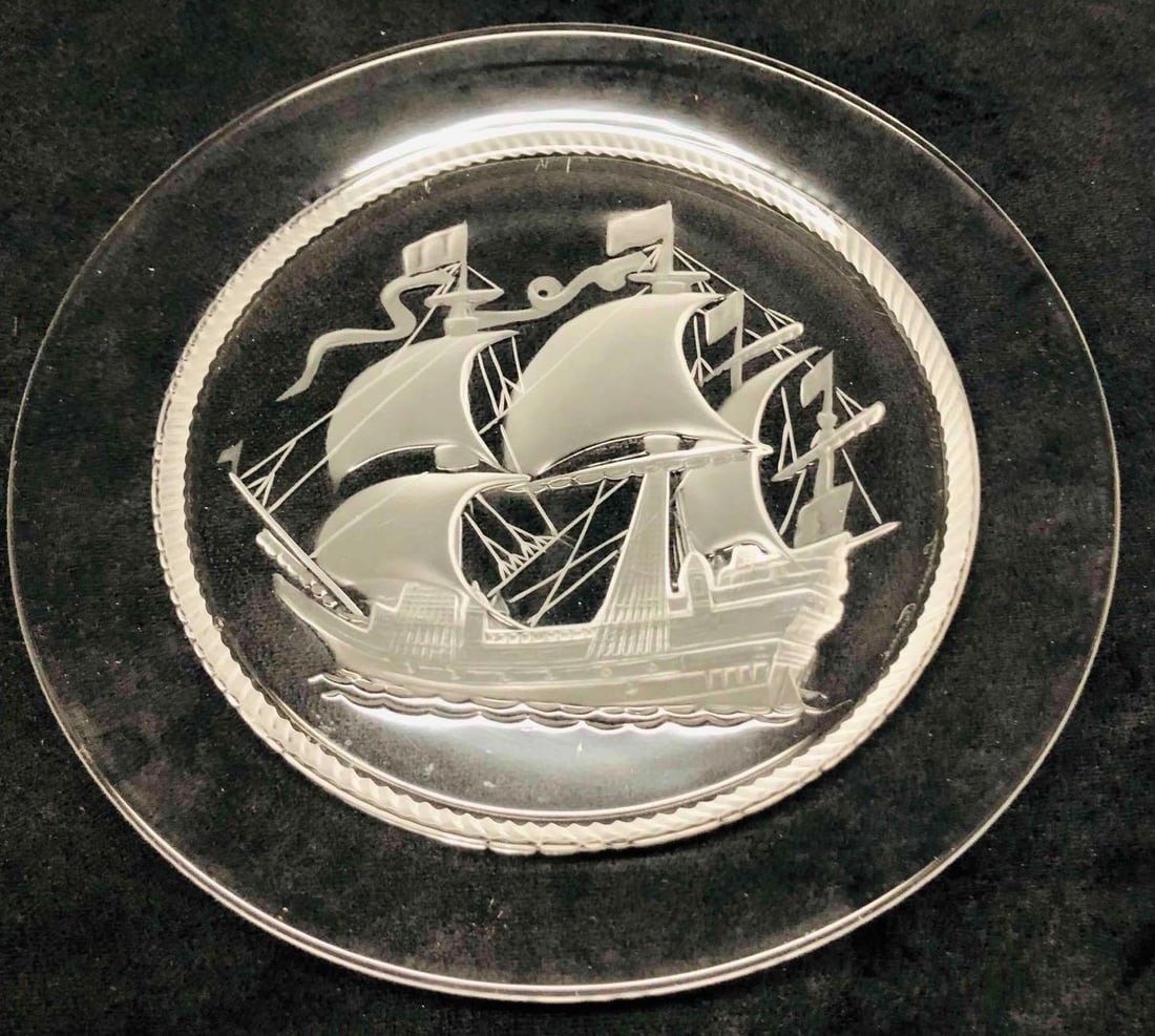 Signed Lalique Crystal Ark Royal Ship Plate: This lot contains Signed Lalique Crystal Ark Royal Ship Plate. It is approx 8 3/4" x 8 3/4" x 3/4" and it weighs about 1.3lbs. Overall the Lalique plate is in good used condition with some