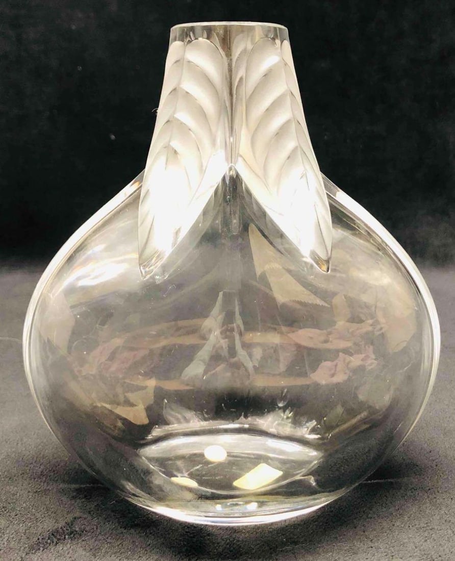 Signed Lalique Crystal Osumi Leaf Vase (1 of 10)