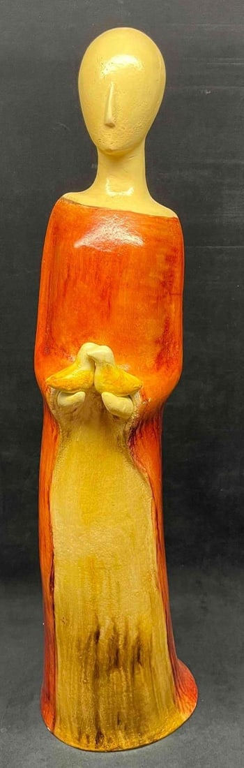 Tall Vintage Painted Terracotta Sculpture Woman Holding Birds (H41) (1 of 10)