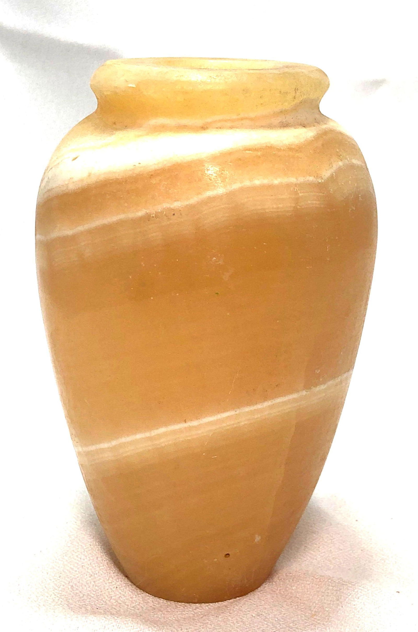 Vintage Banded Alabaster Carved Stone Vase: Vintage Banded Alabaster Carved Stone Vase - Honey & Cream. It is approx 5" x 3-1/2" x 3-1/2" and it weighs about 2.3lbs. Overall the Carved Stone Vase is in vintage condition with som