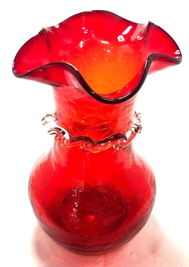 Vintage Kanawha Red Crackle Glass Ruffle Vase: Vintage Kanawha Hand Blown Cranberry Red Crackle Glass Vase with Ruffle Trim and Clear Glass Ribbon. It is approx 7-1/2" x 4-1/2" x 4-1/2" and it weighs about 1.8lbs. Overall the Glass Art