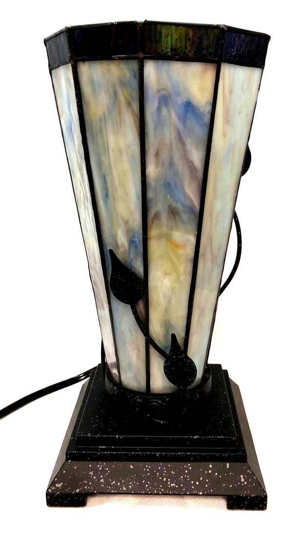 VTG Tiffany Style Arts & Crafts Slag Glass Lamp: Vintage Tiffany Style Arts & Crafts Slag Glass Touch Lamp with Metal Base and Frame. It is approx 11-1/2" x 5-1/2" x 5-1/2" and it weighs about 2.6lbs. Overall the Slag Glass Lamp is i