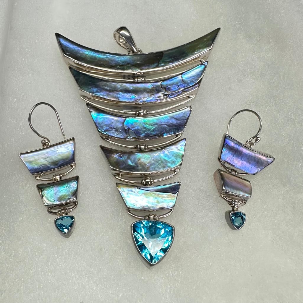M. Howell Sterling Pagoda Pendant Abalone & Topaz (1 of 4)