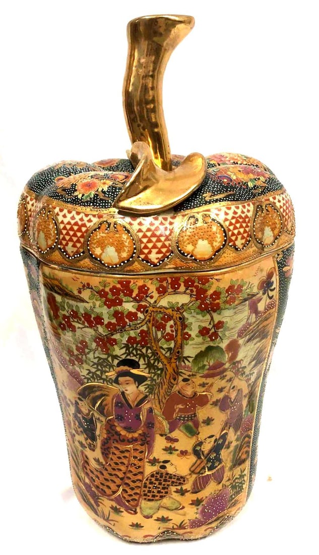 Japanese Style Royal Satsuma Reproduction Gold Encrusted Decorative Vase Apple Shape (1 of 9)