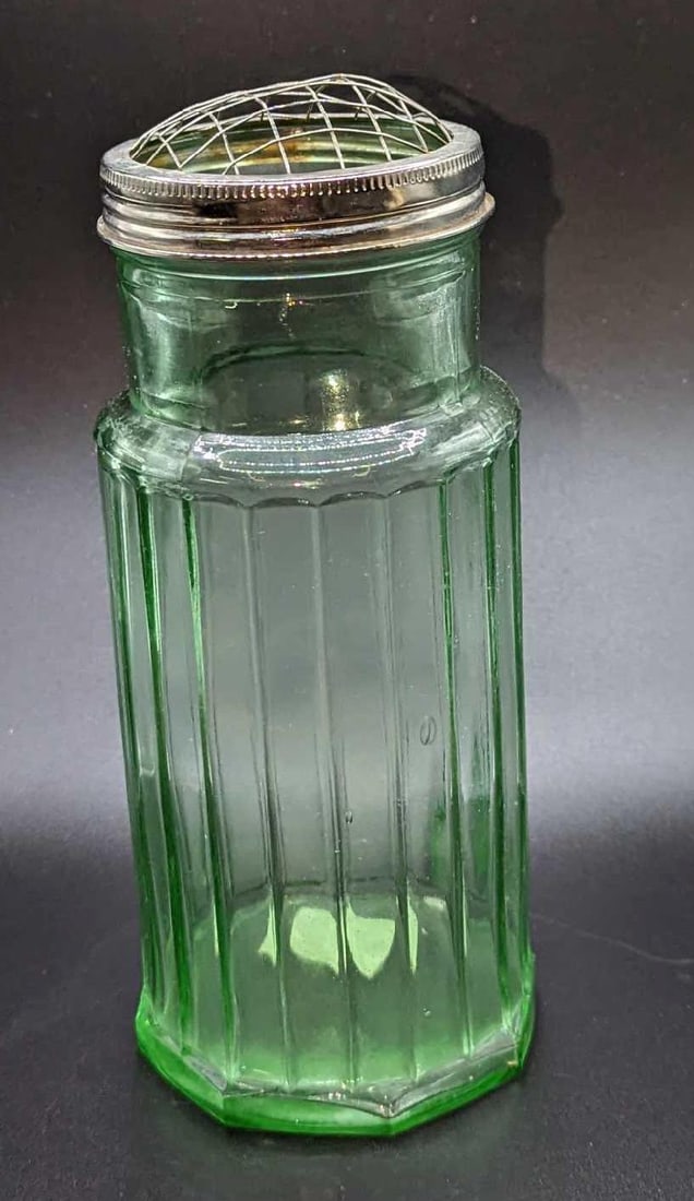Lime Glass Depression Era Style Vase With Metal Top (1 of 7)