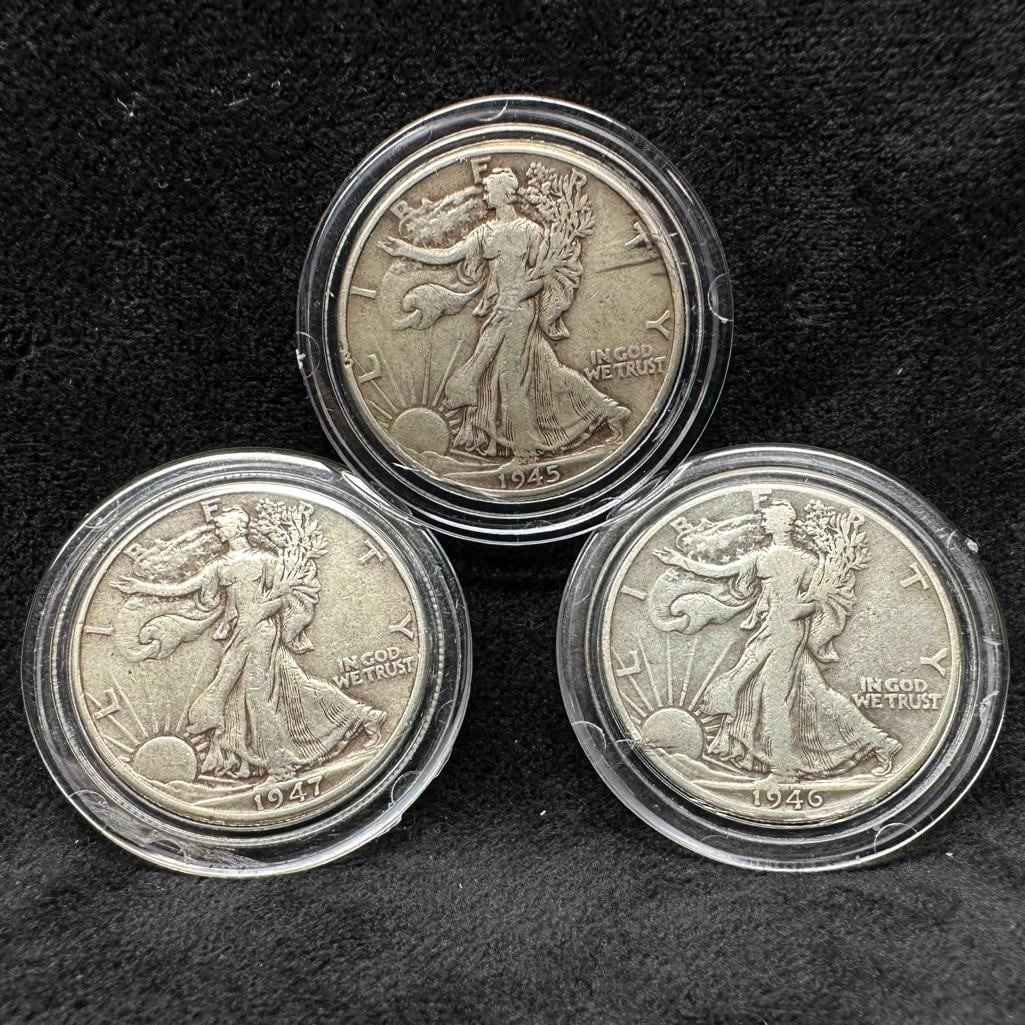 1945 P, 1946 D, 1947 P Walking Liberty Half Dollars: These coins have been tested and researched to the best of our ability prior to listing. Please view photos, as they are a part of the condition. DETAILS: Metal - .900 Silver Tested - Yes Size - 30.6 