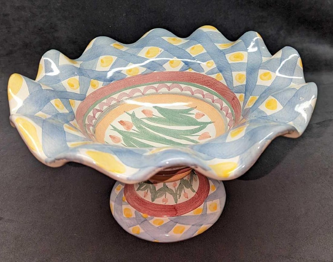 Mackenzie Childs Compote Pedestal Pottery Bowl: Mackenzie Childs Compote Pedestal Pottery Bowl. This is approx 12" x 12" x 7" and it weighs 4.41 lbs. Is in a good, vintage condition with no chips or cracks. Please see the images as they