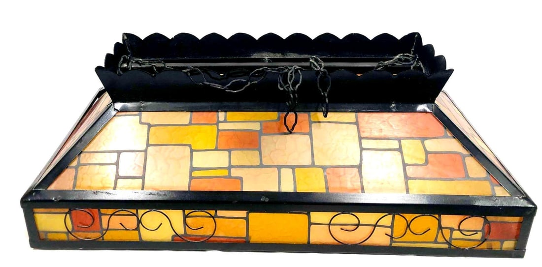 Pool Table Hanging Light Fixture: This lot contains a Pool Table Hanging Light Fixture. It is approx 36" x 18" x 13" and weighs about 13.8lbs. Overall the lighting fixture is in good used condition with some light wear fro