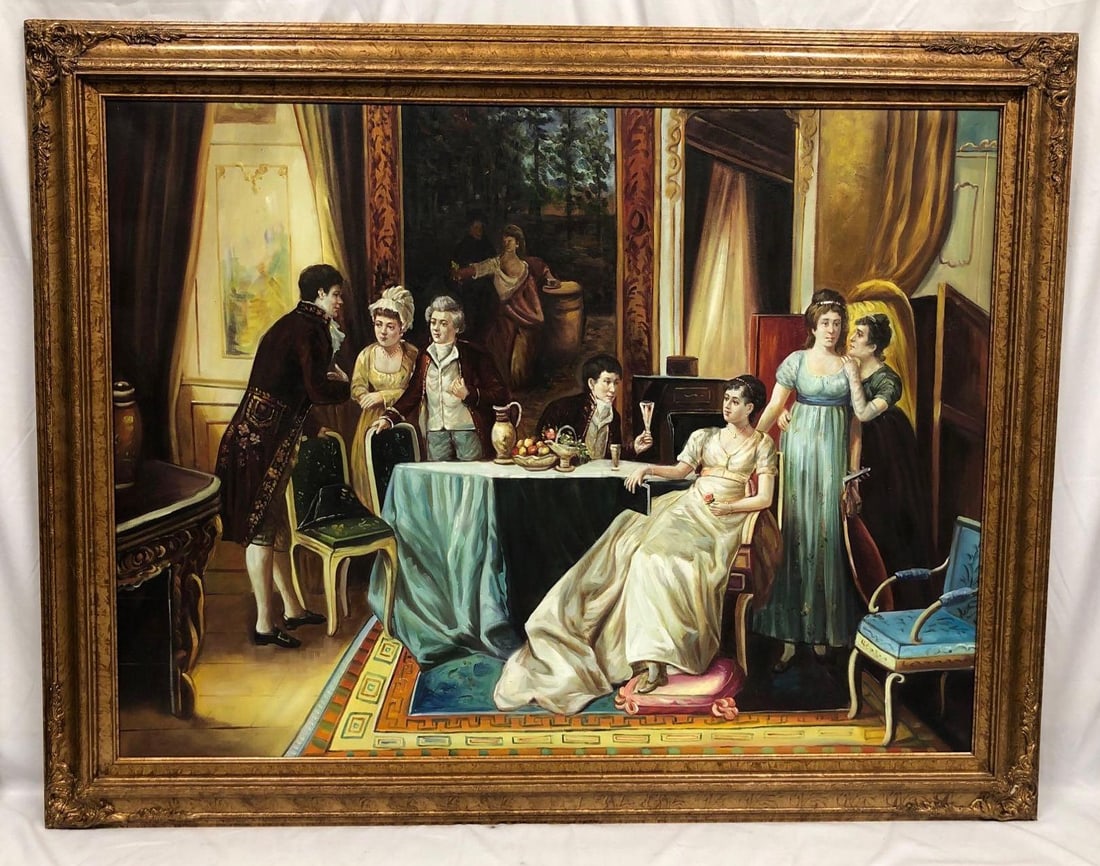 Baroque Style Parlor Scene Oil on Canvas H28: This lot contains a Baroque Style Oil on Canvas featuring Parlor Room Scene. It is approx 56" x 43-1/2" x 2-1/2" framed and weighs about 12.5lbs. Overall the Oil Painting is in good used c
