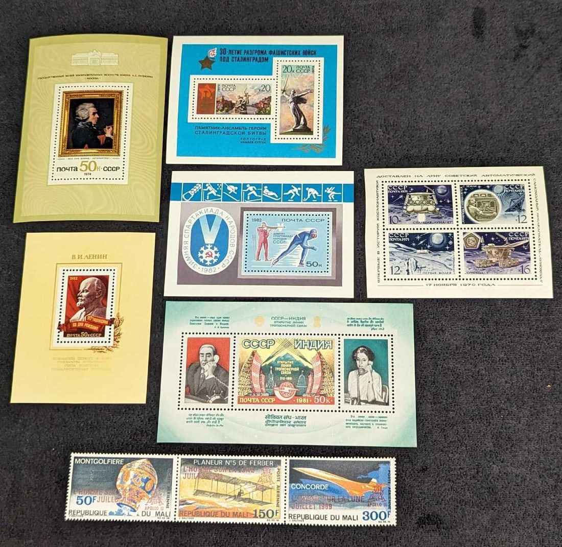 7 Sheets Of Russian & Mali Postal Stamps: 7 Sheets Of Russian & Mali Postal Stamps. This lot includes: (1) Sheet Of 2 20K Stamps -"30th anniversary Of The Stalingrad Victory. This is approx 3 5/8" x 3". (1) Sheet Of 1 50K Stam