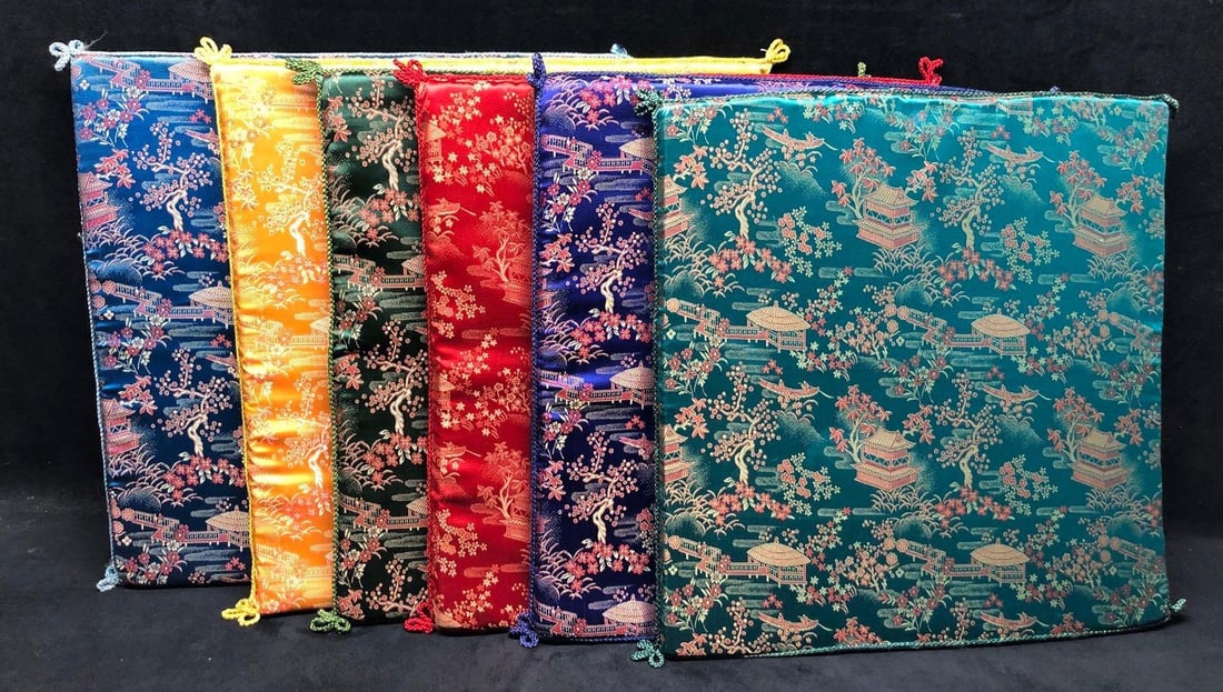 Set of 6 Asian Chinoiserie Seat or Floor Cushions - Embroidered Satin - 6 colors: Set of 6 Asian Chinoiserie Seat or Floor Cushions in Embroidered Satin. Six colors - Green, Yellow, Red, Blue, Teal, Aqua. Each cushion is approximately 17" x 17" x 1" and their combined w