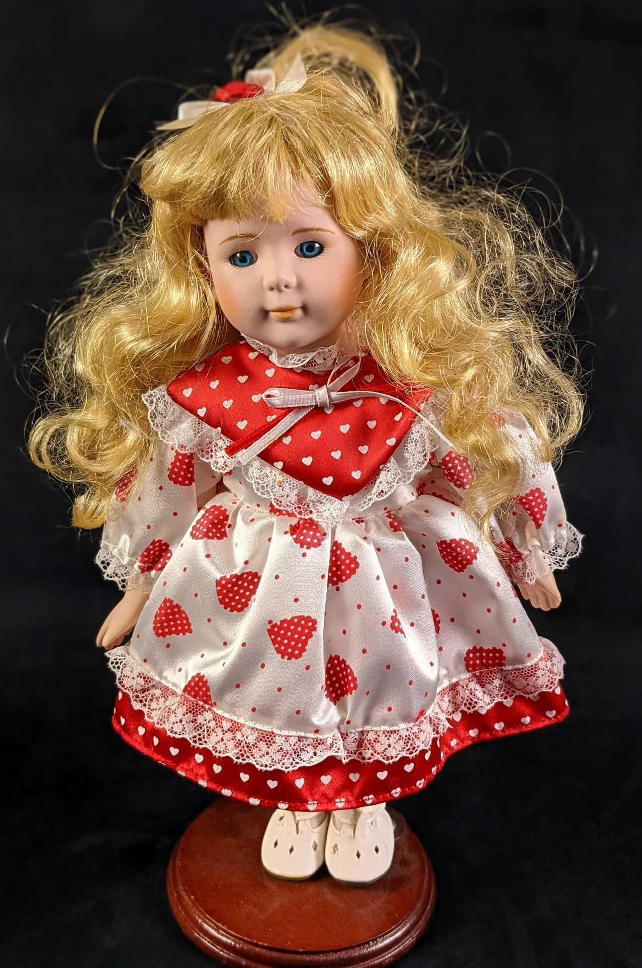Porcelain Girl Doll With Heart Pattern Dress And Stand (1 of 5)