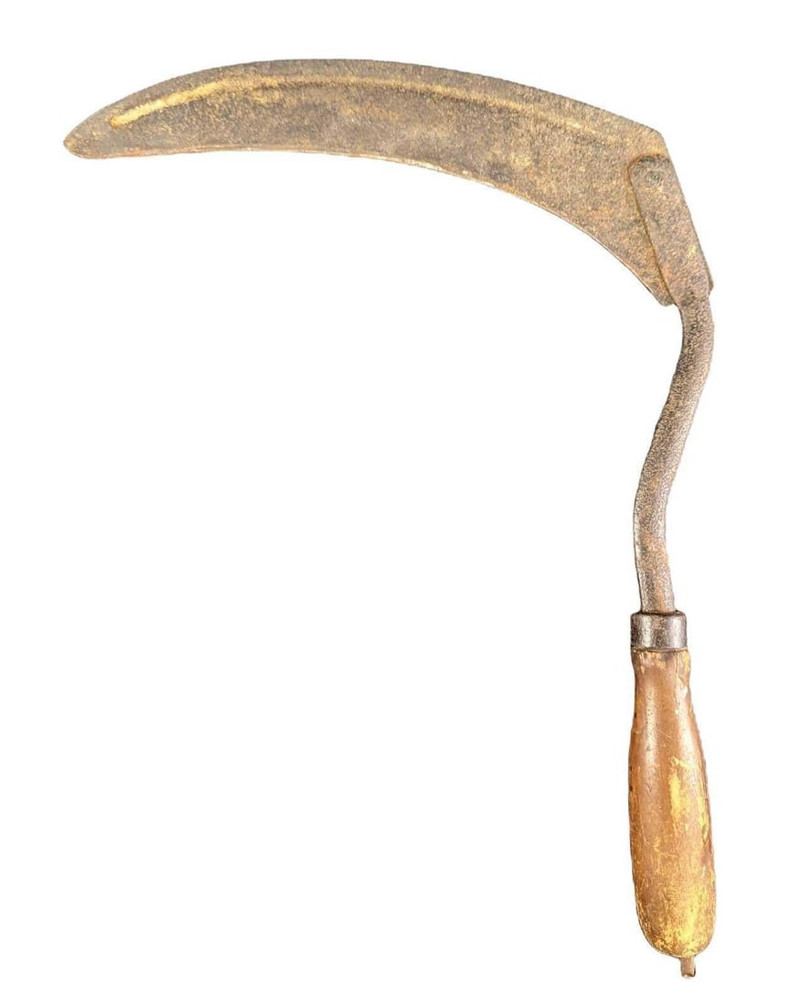 Vintage Hand Sickle: Vintage Hand Sickle. Is approx 11" x 1 1/4" x 14" and it weighs 0.59lb. The sickle is in a good, vintage condition with some surface rust and the metal over the handle is loose. The handle