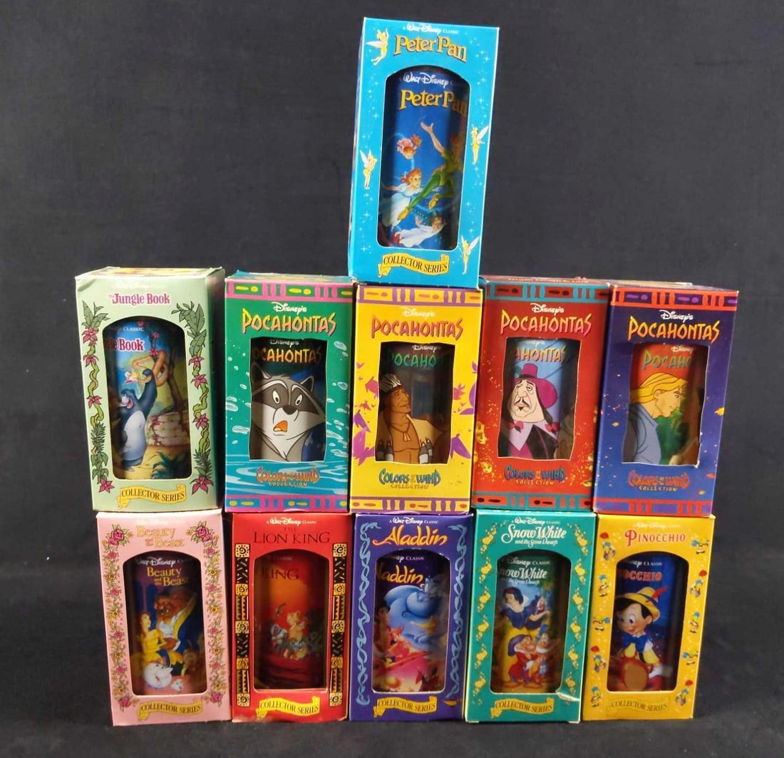 Burger King Disney Animated Theme Drinking Glasses B: This lot consists of eleven different plastic drinking glasses all animated Disney movie themed. All are in good, unused condition with some wearing on the packaging and dust on glasses. They should b