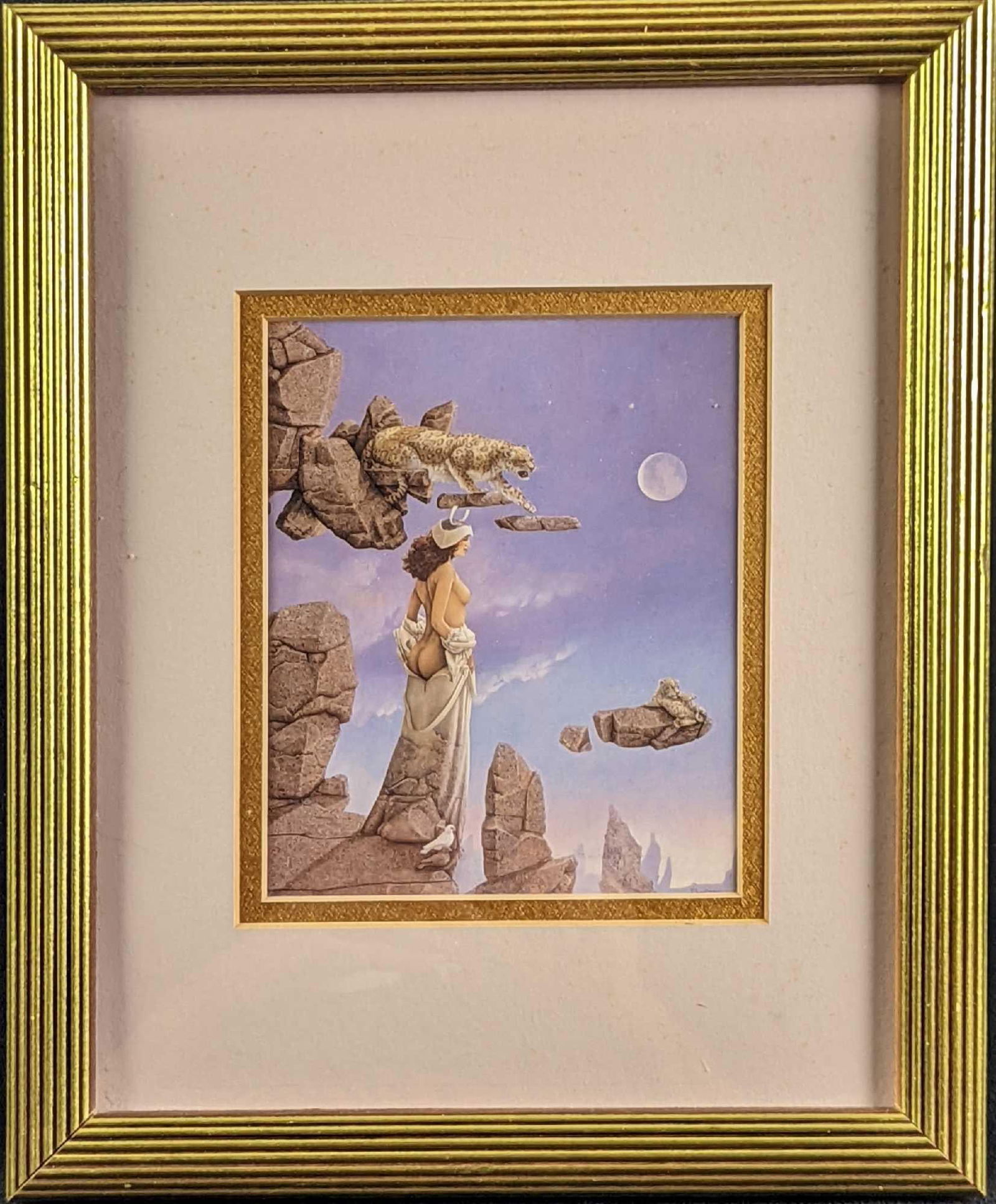 Framed Michael Parkes Mini Print Rock Dove: Here is a mini print of Michael Parke's "Rock Dove". The image/print is approx 4 1/2" x 5 1/2". The framed print is approx 9 3/8" x 3/4" x 11 1/4 and it weighs 1.04lb. The