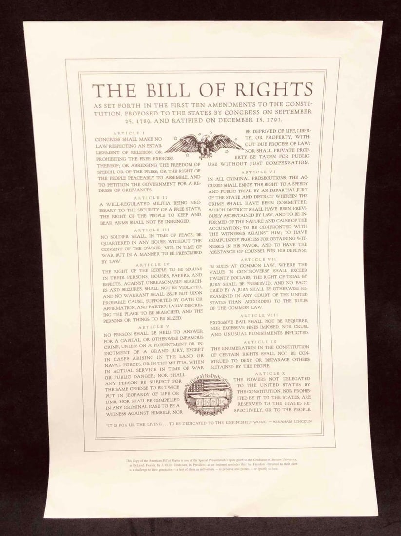 Copy Of The Bill Of Rights: This lot contains a copy of The Bill Of Rights. It is approx 21 1/2" x 14 1/2" and weighs about 0.04lbs. Overall the copy is in good used condition with some minor wear from use over time. Ple