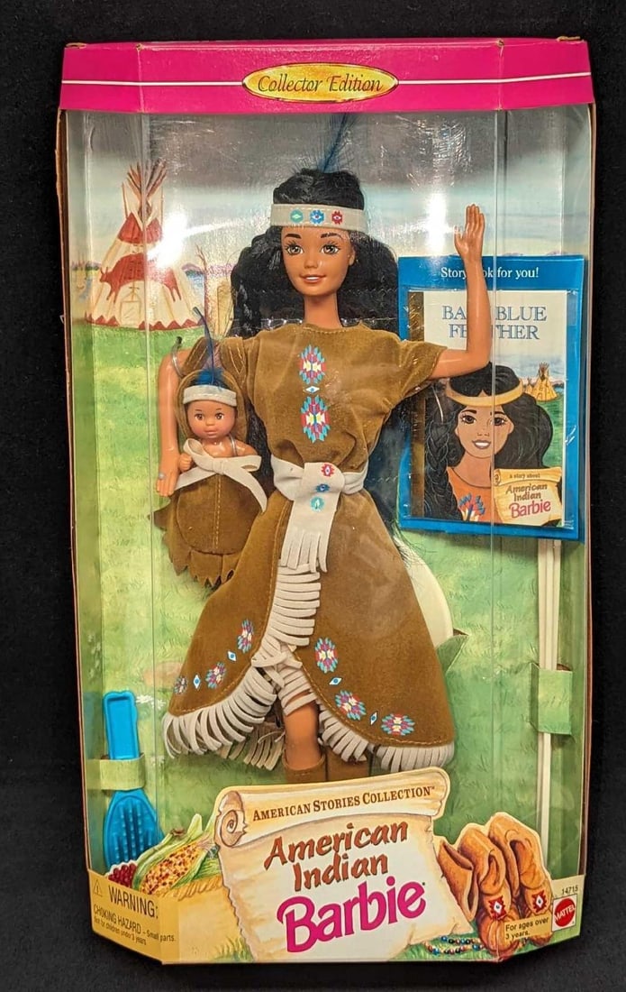 American Indian Barbie American Stories Collection W Box: American Indian Barbie American Stories Collection W Box. Was released by Mattel in 1995. It's Barbie as an American Indian caring for her cousin, Baby Blue Feather. This Collector Edition Barbie