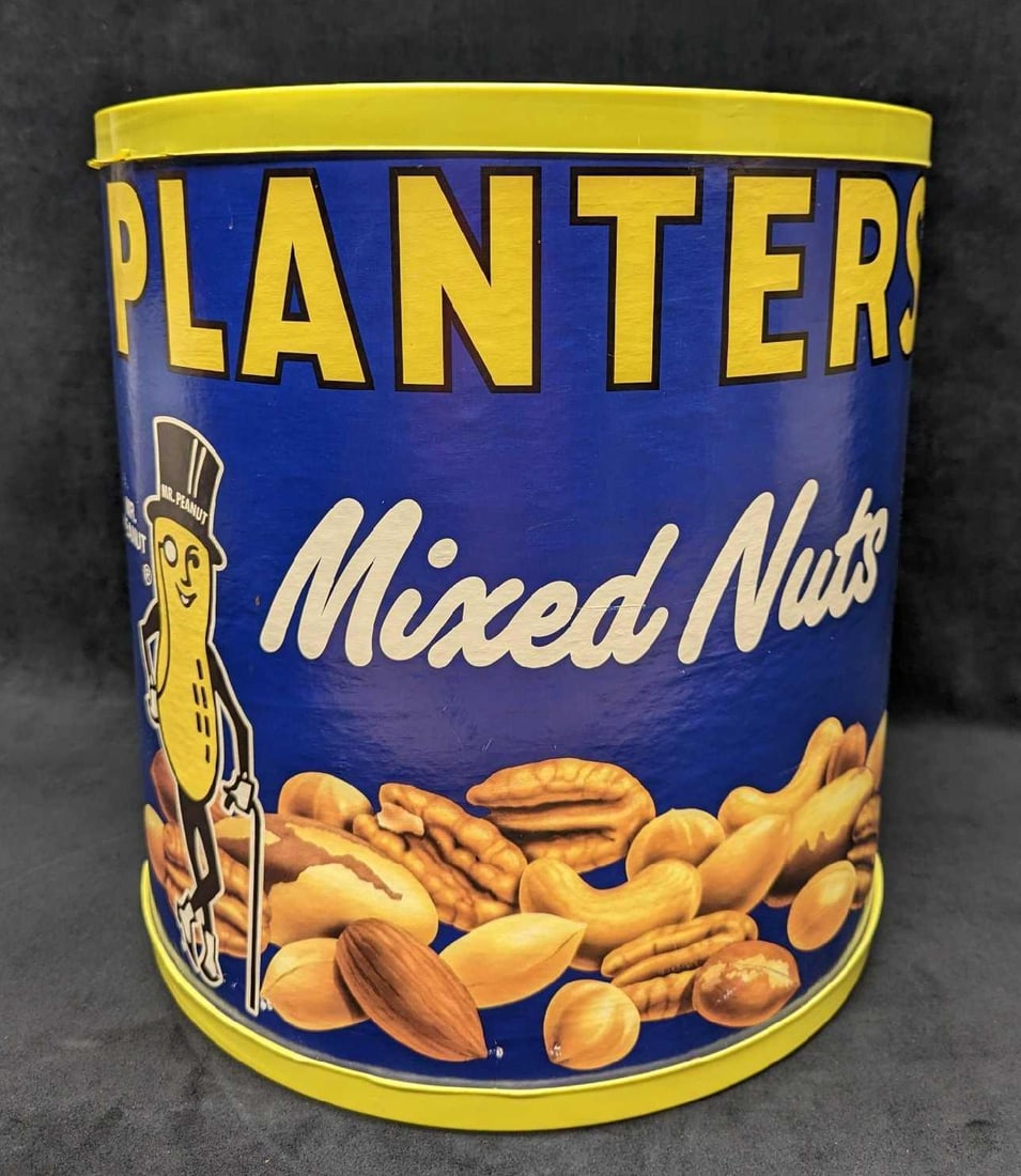 Planters Mixed Nuts Store Display Can: Planters Mixed Nuts Store Display Can. Vintage Planters Mixed Nuts Store Display Can 14? tall with Mr. Peanut embossed lids, the great display can for any collector. Cardboard body with plastic lids.