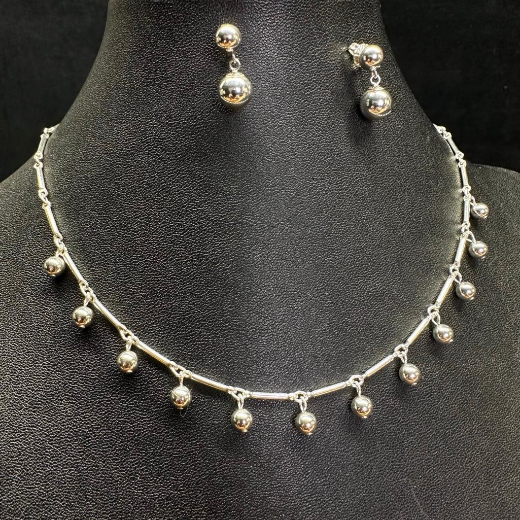 Sterling Silver Round Bead Necklace & Earring Set (1 of 4)