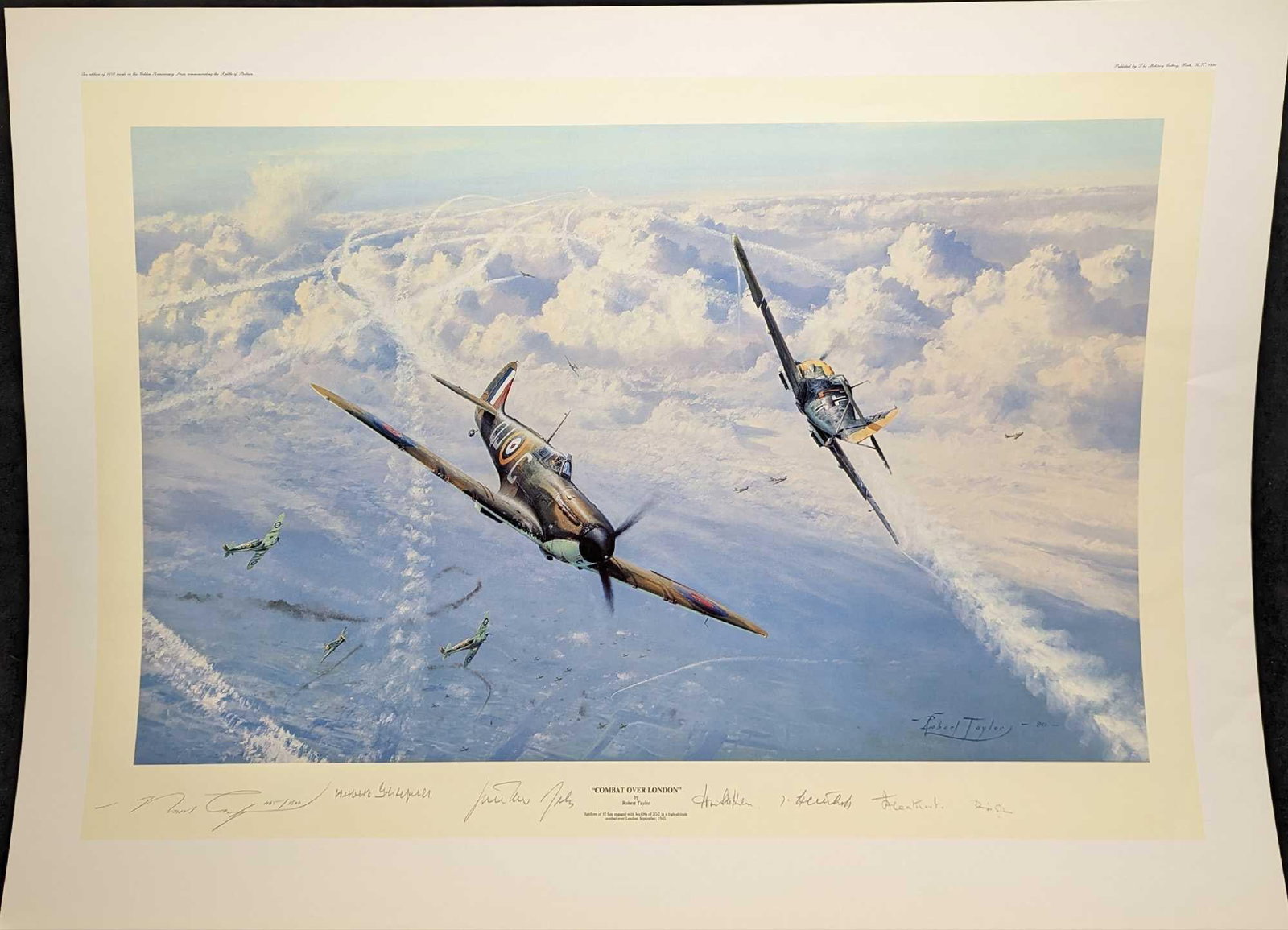 S&N Robert Taylor Combat Over London Signed Print: S&N Robert Taylor Combat Over London Signed Print. This print is approx 36" x 26 1/2" and it weighs 0.25lb. The print has some creases, mostly on the right side. Please see the images as they are part