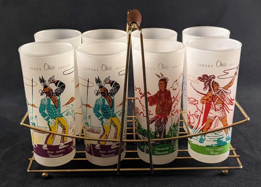 8 Vintage Bonded Oil Famous Ohio Indian Frosted Glasses With Holder (1 of 10)