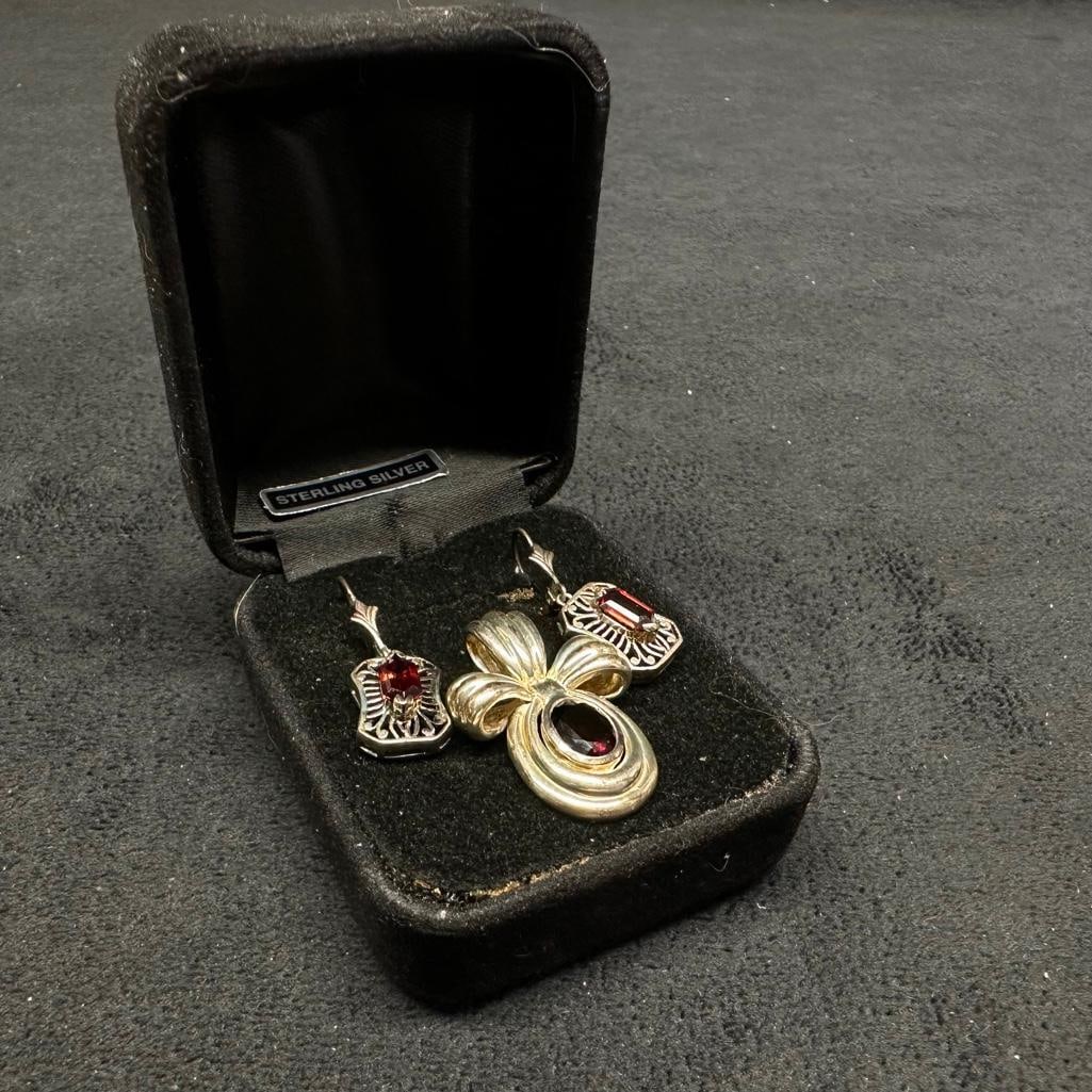 Sterling Garnet Pendant & Earring Set: This piece of jewelry has been tested and researched prior to listing. Please view all our pictures they are part of our description. DETAILS: Metal - Sterling Silver Color - Silver Stones - Garnet Ha