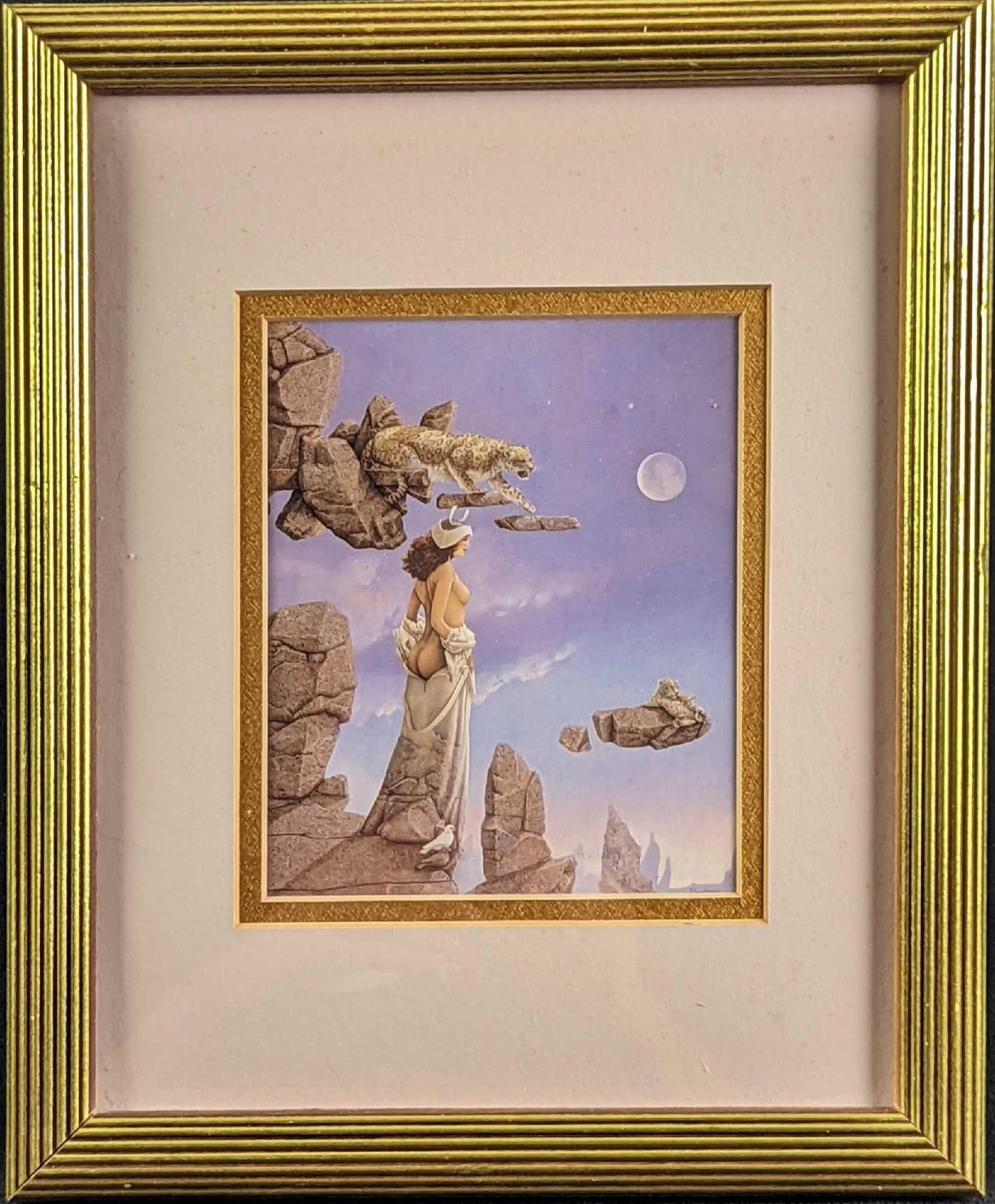 Framed Michael Parkes Mini Print Rock Dove: Here is a mini print of Michael Parke's "Rock Dove". The image/print is approx 4 1/2" x 5 1/2". The framed print is approx 9 3/8" x 3/4" x 11 1/4 and it weighs 1.04lb. The