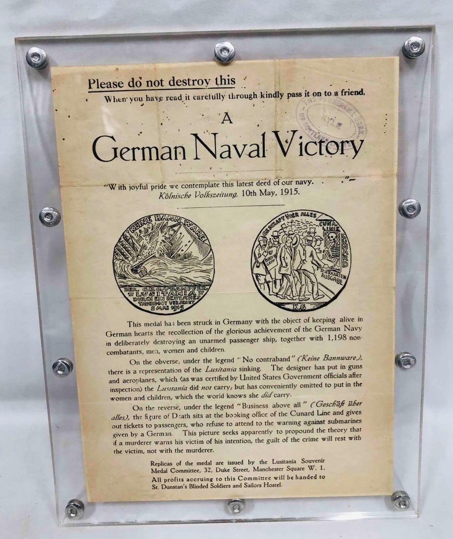 Lusitania Medal Document 1915: This lot contains A German Naval Victory Medal The Latest Deed Of Our Navy 1915. The case is approx 11" x 8 1/2" and weighs about 0.9lbs. Overall the document is in good used condition conside