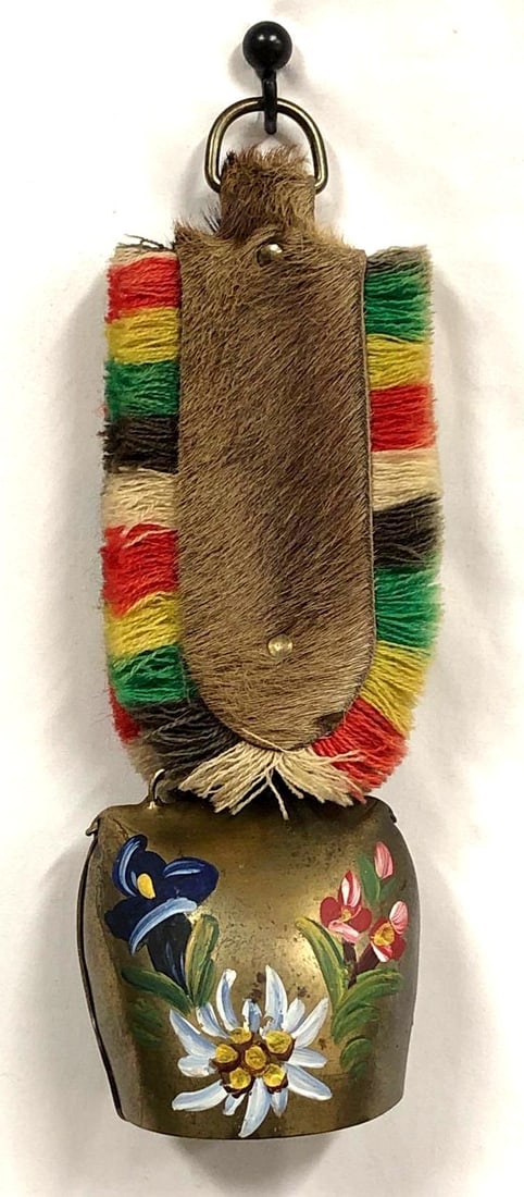 VTG Swiss Painted Brass Cow Bell Fringed Hanger (1 of 4)