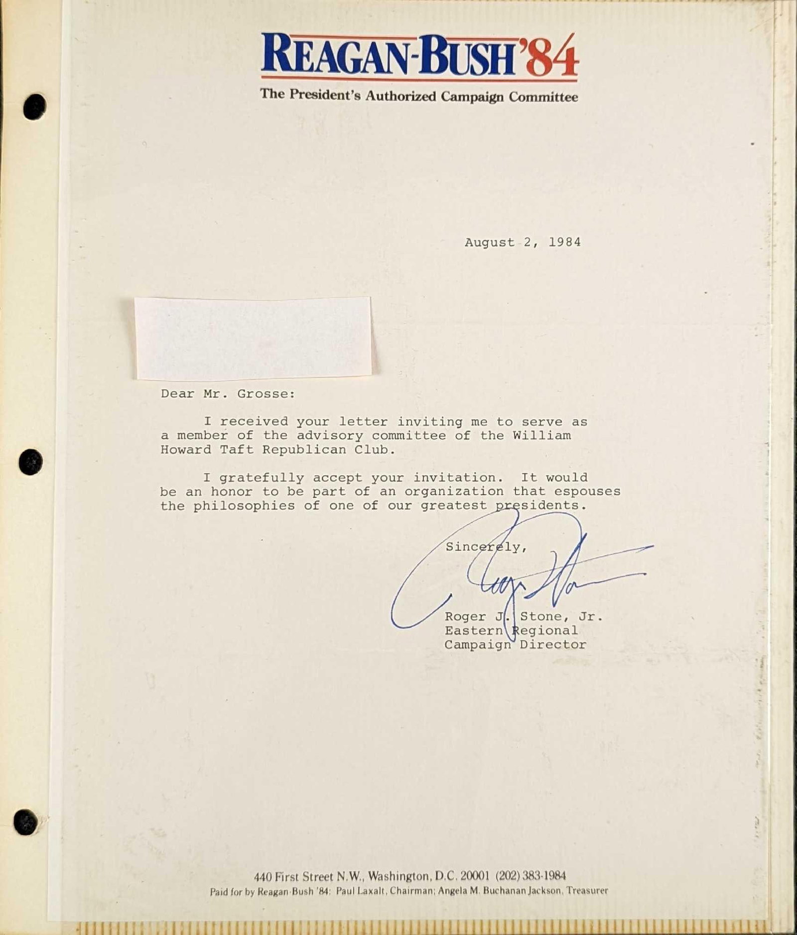 Signed Roger Stone Reagan Bush Campaign Letter (1 of 3)