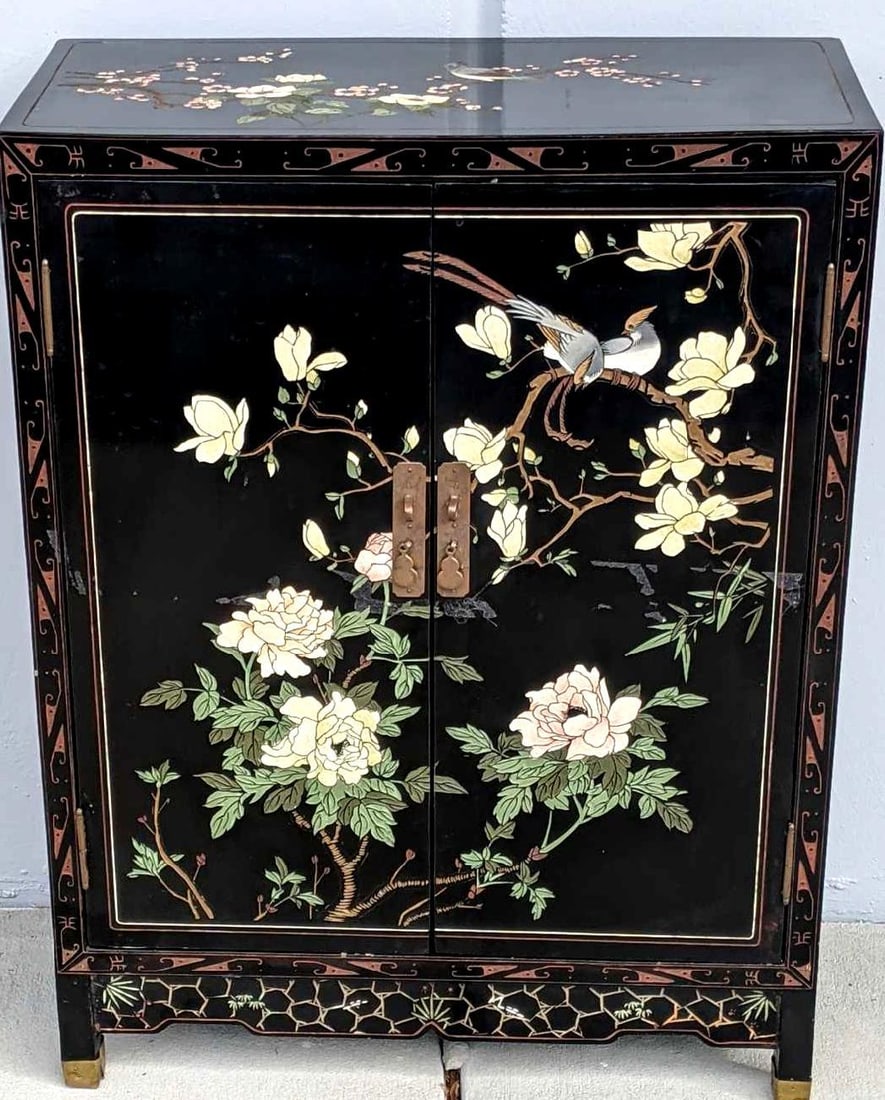 Black Lacquer Floral and Bird Oriental Cabinet (1 of 13)