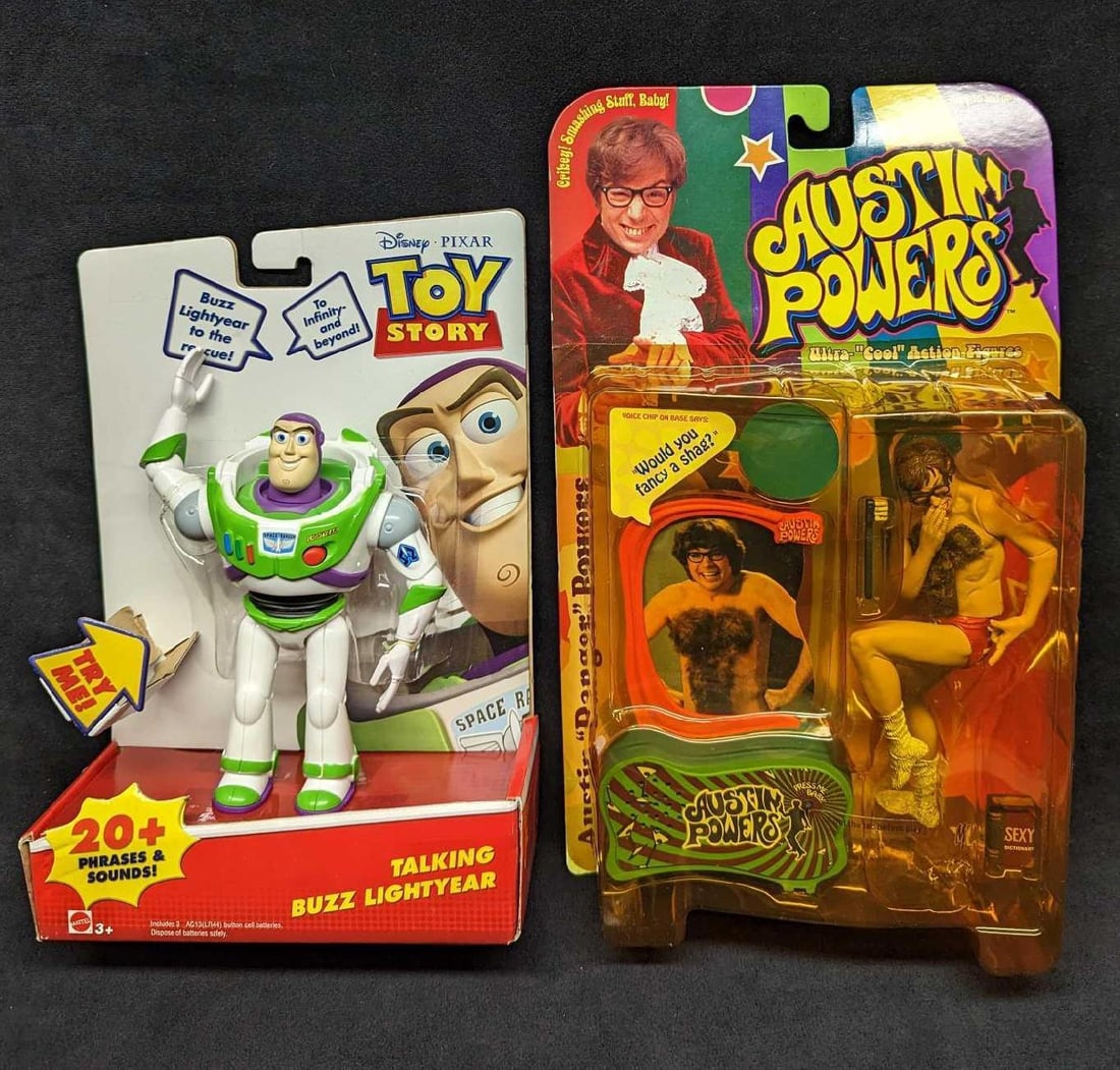 Austin Powers & Disney Pixar Buzz Lightyear Talking Figures: Austin Powers & Disney Pixar Buzz Lightyear Talking Figures. This lot includes: (1) Austin Powers "Ultra Cool" Action Figure with Voice Chip On Base. Austin "Danger" Powers. Comes