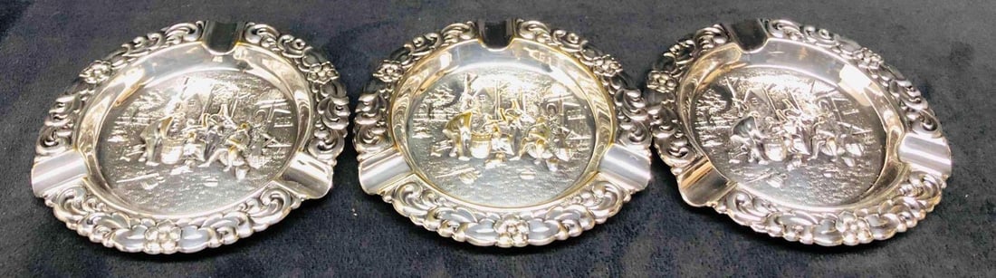 Three Vintage Denmark Cottage Scene Ashtrays: This lot contains Three Vintage Denmark Cottage Scene Ashtrays. Each ashtray is approx 4 3/4" x 4 3/4" x 1/2" and altogether they weigh about 0.4lbs. Overall the Ashtrays are in good used 