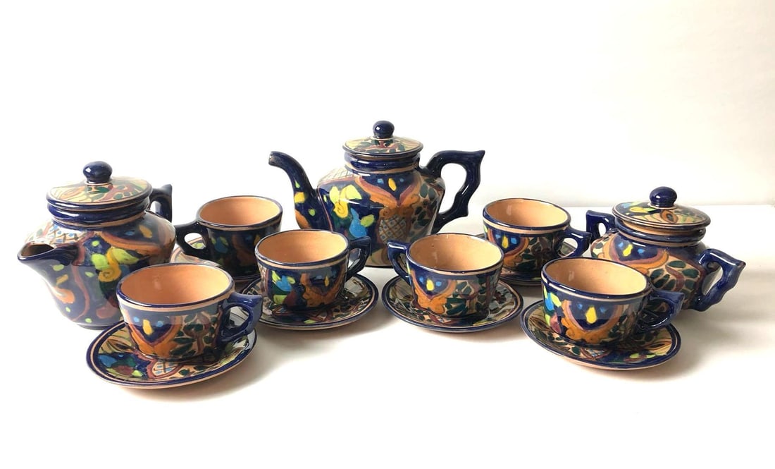Vintage Hand Painted Terracotta Hearth Wear 15 Pc Tea Set (1 of 8)