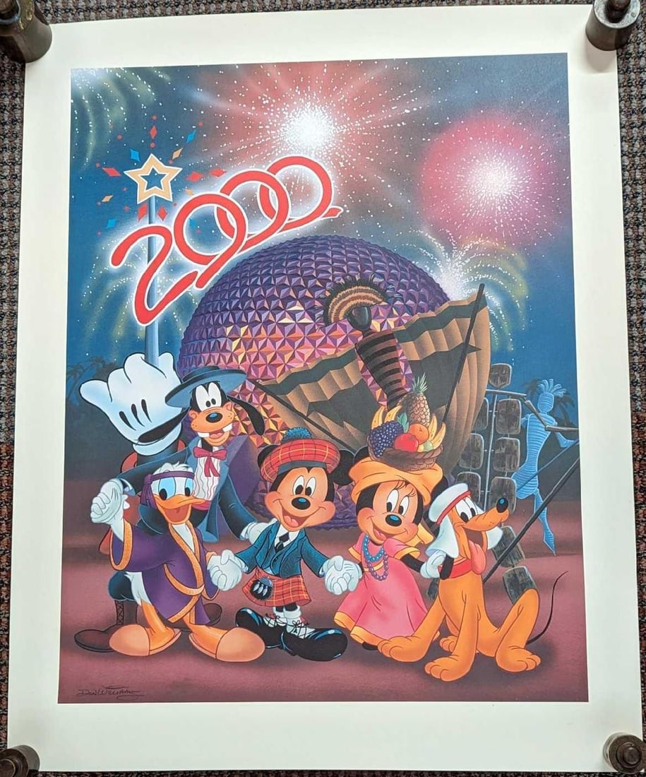 Disney Don Williams Epcot Millennium Celebration Poster: Disney Don Williams Epcot Millennium Celebration Poster. The retired poster is 21 1/2" x 27" and it weighs 0.17lb. Rolled up, the poster is 21 1/2" x 3" x 3". Please note, the sign