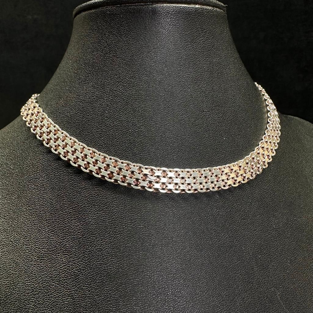 Thick Woven Chain Sterling Choker Necklace: This piece of jewelry has been tested and researched prior to listing. Please view all our pictures they are part of our description. DETAILS: Metal - Sterling Silver Color - Silver Stones - none Hall