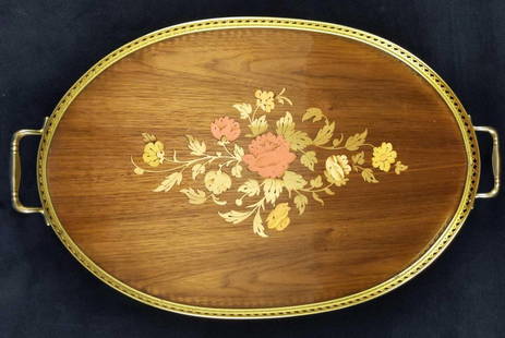 Mid Century Italian Wood Inlaid Floral Serving Tray: Mid Century Italian Florentine Wood Inlaid Floral Serving Tray/Platter. Clear Resin Over Wood With Flowers with a gold-tone metal frame and handles. Made in Italy. Tray is approx 20" x 12" x