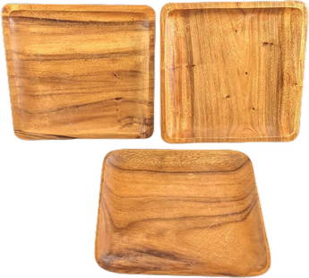 Three Vintage Monkey Pod Wood Square Serving Trays: Each tray is 12" x 12" x 1" and together they weigh 3.61lbs. The trays were made in the Philippines. The trays are in a good, vintage condition with some signs of wear, scratches, and