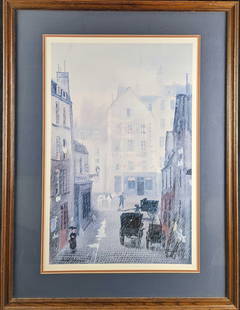 Framed Michel Delacroix Paris Street Scene: Framed Michel Delacroix Paris Street Scene. The framed lithograph print is approx 26" x 3/4" x 34" and it weighs 11lbs. The print/image is approx 17" x 26". The framed print is in