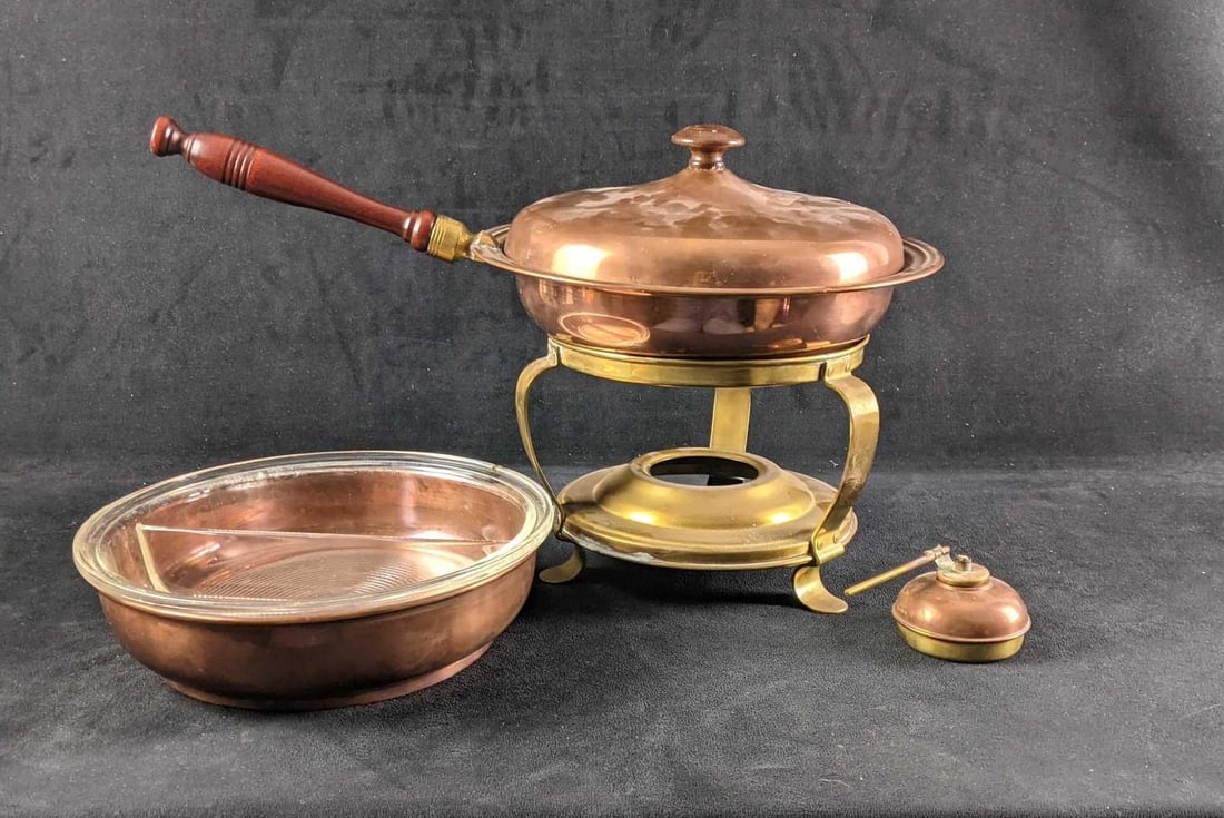 Copper & Brass Fondue Pot With Pyrex Trey Insert (1 of 7)
