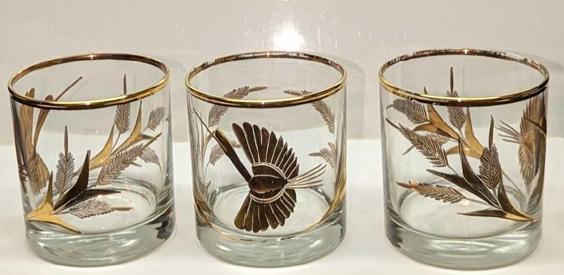 3 Vintage 14K Gold Atomic Phoenix Drinking Glasses B: 3 Vintage 14K Gold Atomic Phoenix Drinking Glasses B. Each glass is approx 3 1/4" x 3 1/4" x 3 3/8" and the total weight is 1.95lb. The glasses have no chips or cracks on the glass, and th